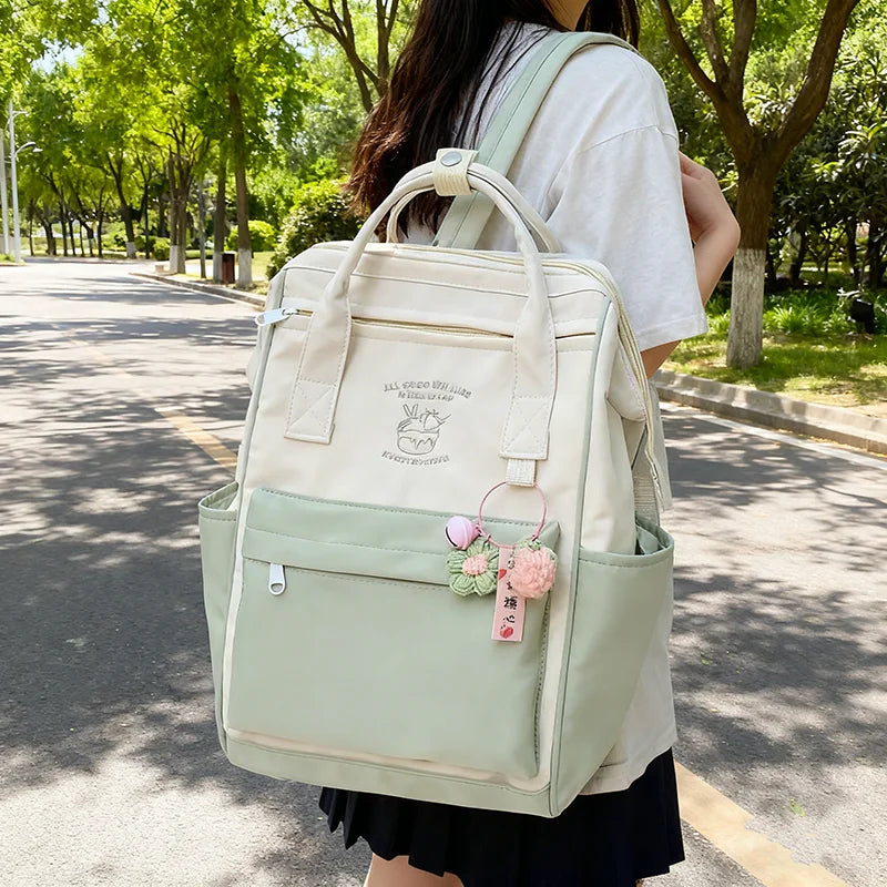 Colour Block Student Backpack with Twin Handles and Front Zipper Pocket