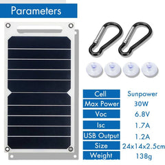 Solar Panel 30W With USB Waterproof Outdoor Hiking And Camping Portable Battery Mobile Phone Charging Bank  Charging Panel  6.8V