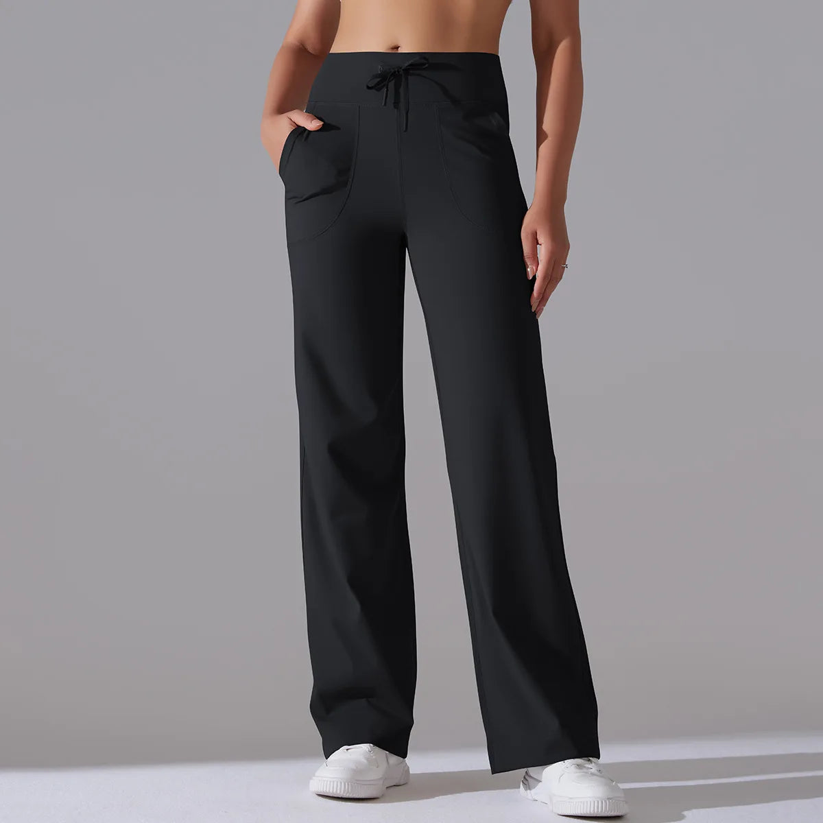 Women's Drawstring Waist Nylon Blend Wide Leg Pants with Extended Length Options