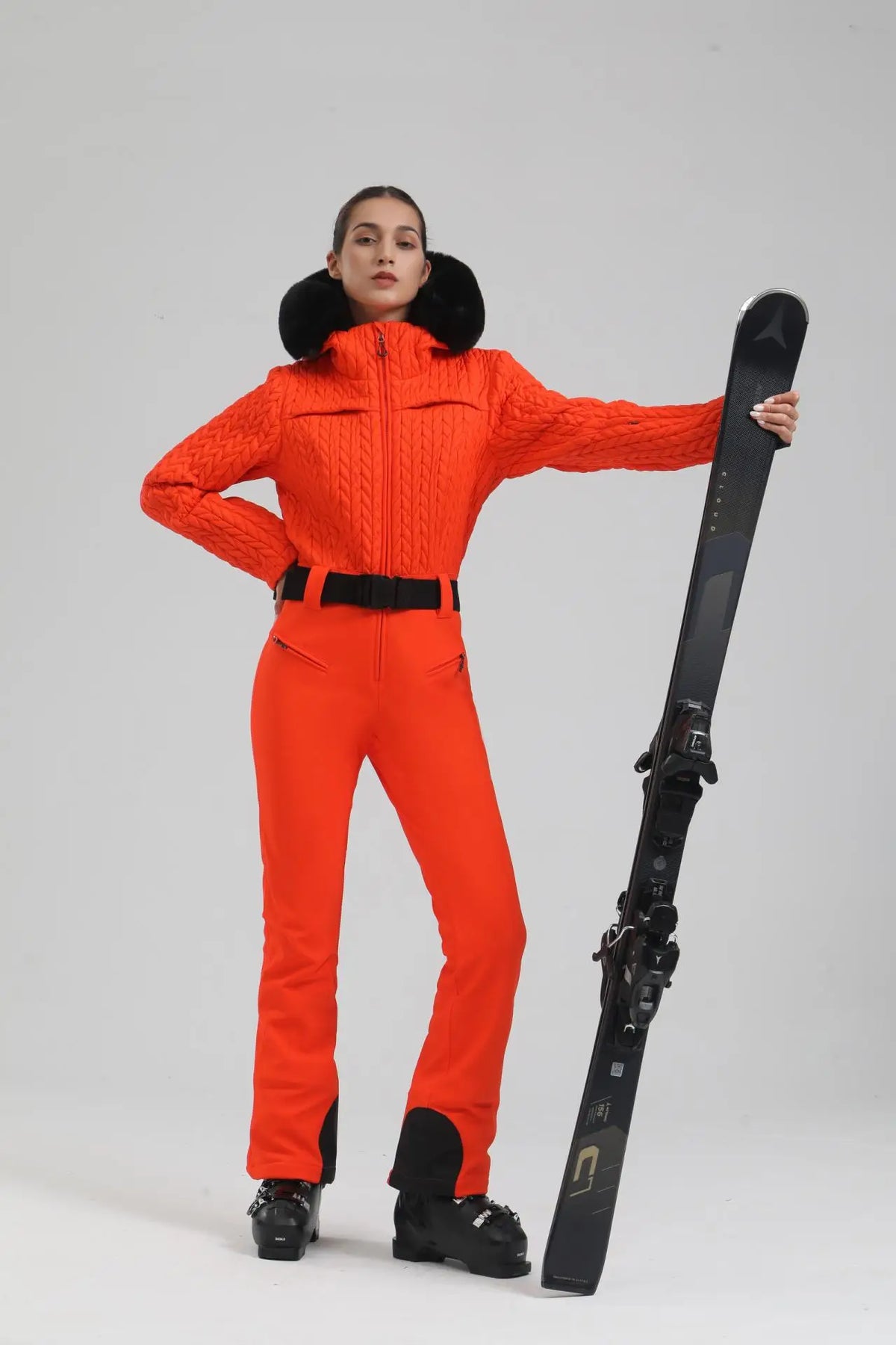 Hooded Long Sleeve Belted One Piece Ski Snow Jumpsuit