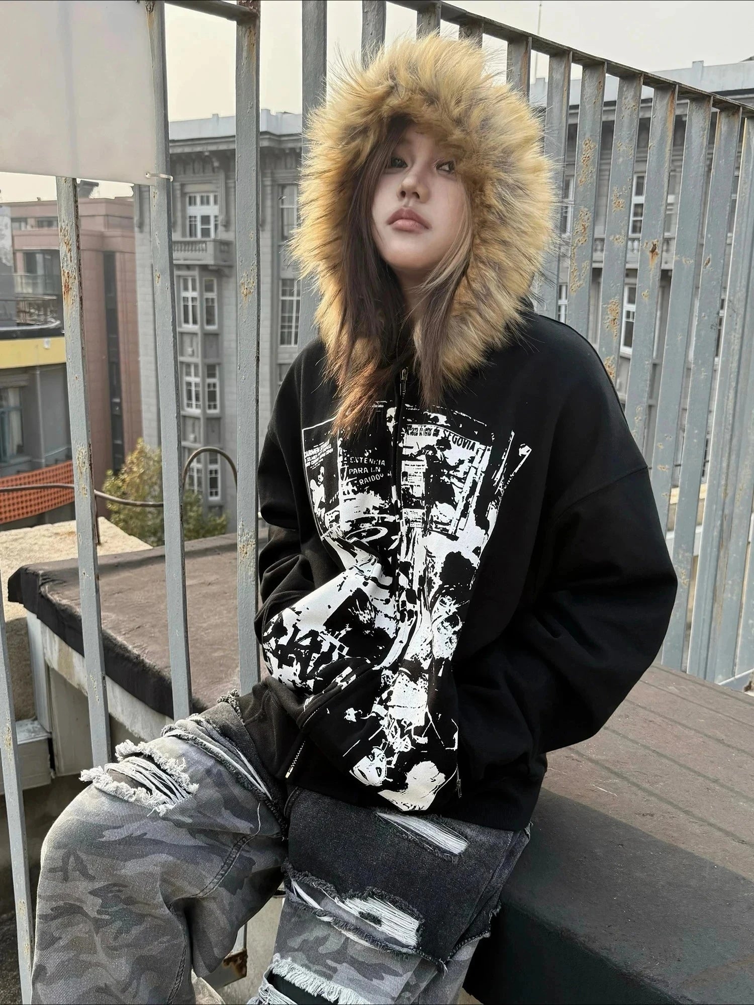 Fluffy Trim Long Sleeve Full Zip Casual Hoodie