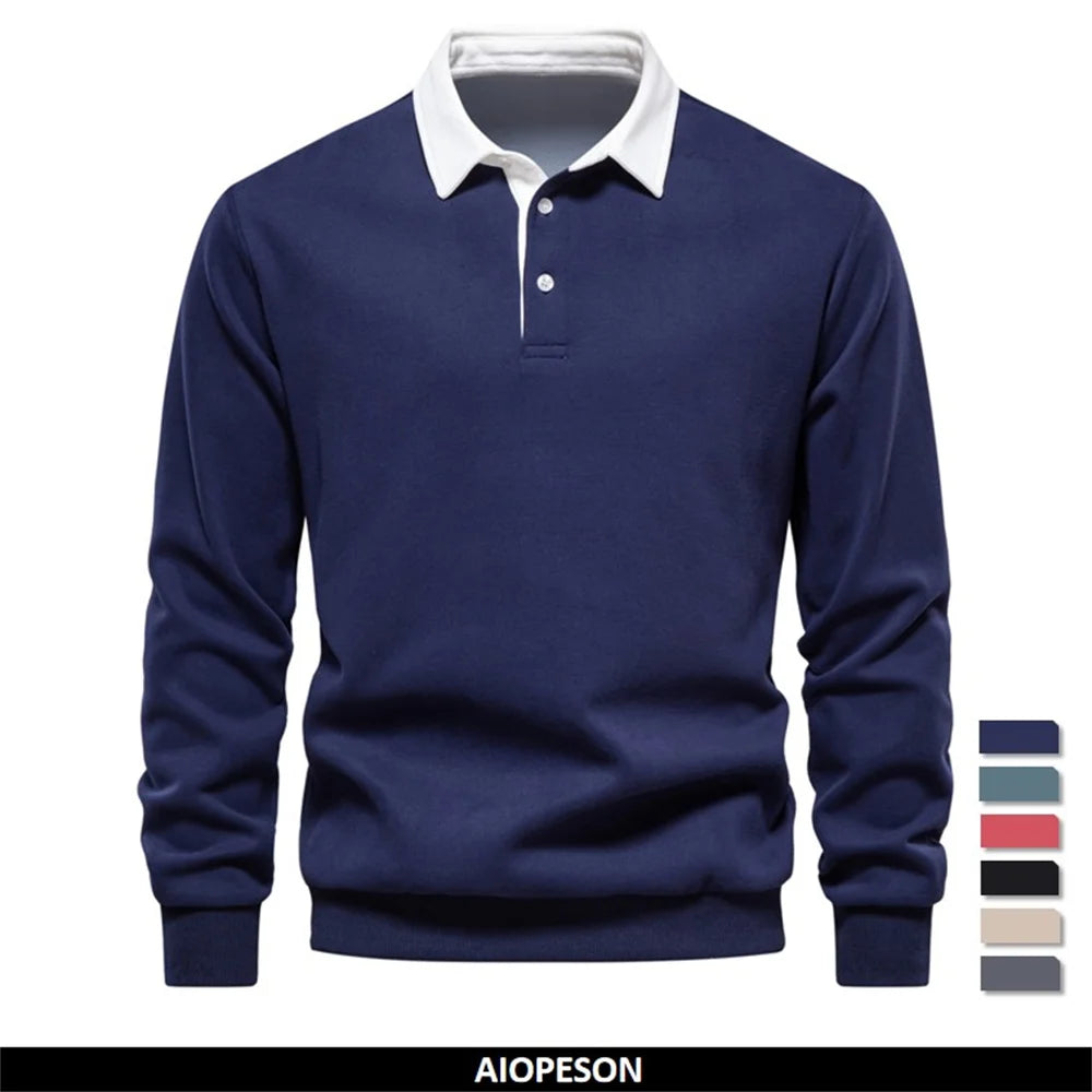 Men's Polo-Collar Long-Sleeve Button-Neck Sweatshirt