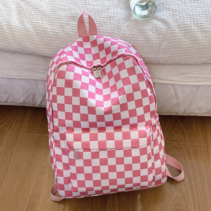 Women's Checkerboard Print Backpack with Front Pocket and Adjustable Shoulder Straps