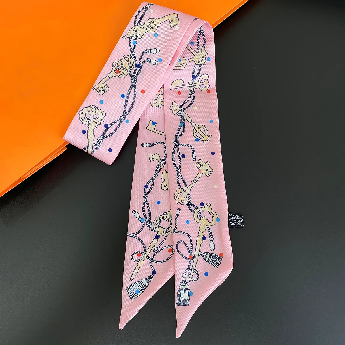 Colorful Printed Skinny Ribbon Scarf with Tie Ends
