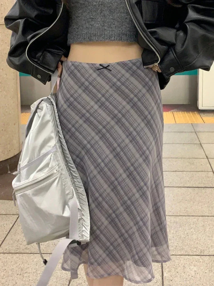 Women's Polyester High-Waist Plaid A-Line Midi Skirt for Casual Everyday Summer Outfits