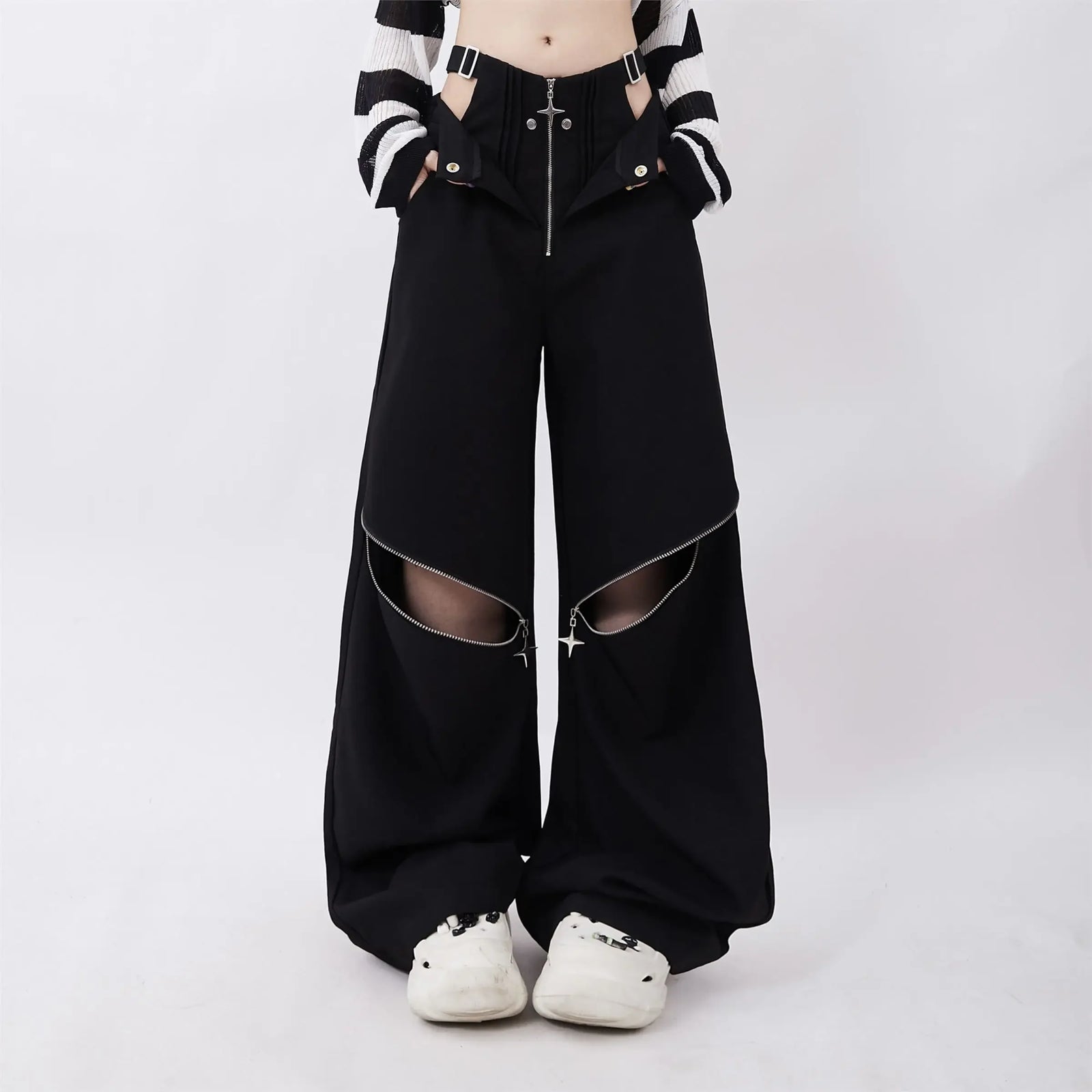 Women's Black Wide Leg Pants with Cutout Knees and Zip Details