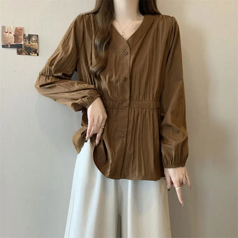 Women's Smocked Waist V Neck Button Front Blouse