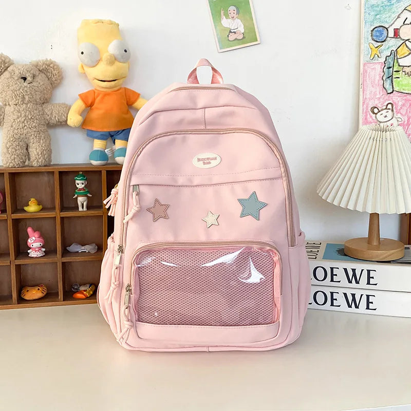 Star Detail Student Backpack with Transparent Front Pocket and Carry Handle