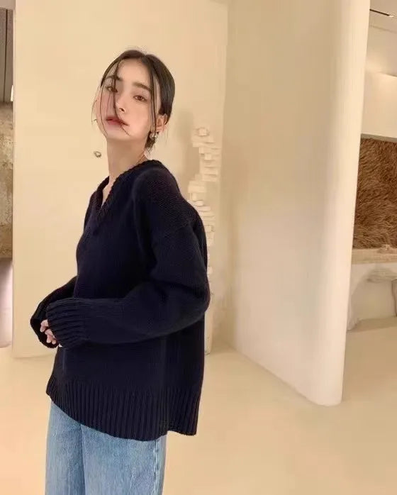 V-neck 100 pure wool sweater for women in autumn and winter, loose and thick sweater, long-sleeved knitted top