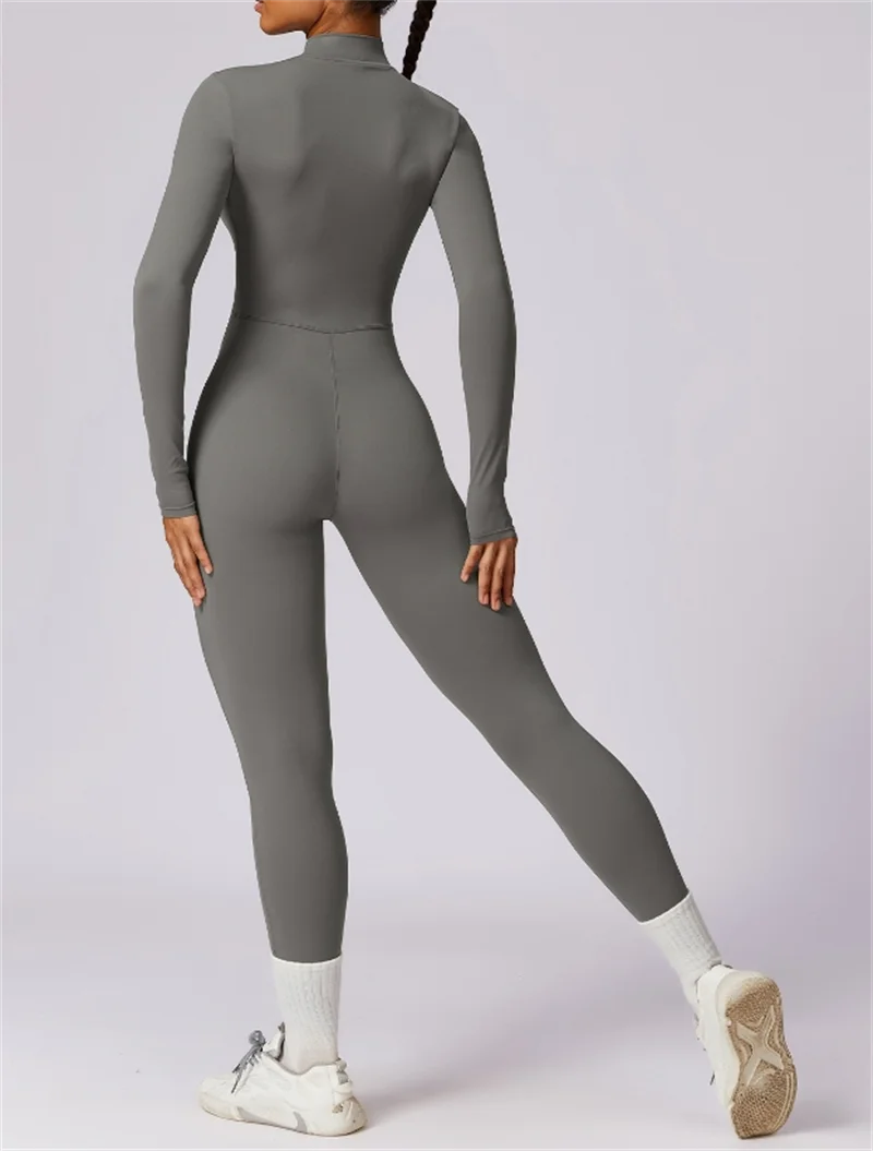 Women's Long Sleeve Nylon Blend Workout Jumpsuit with Half Zip Collar