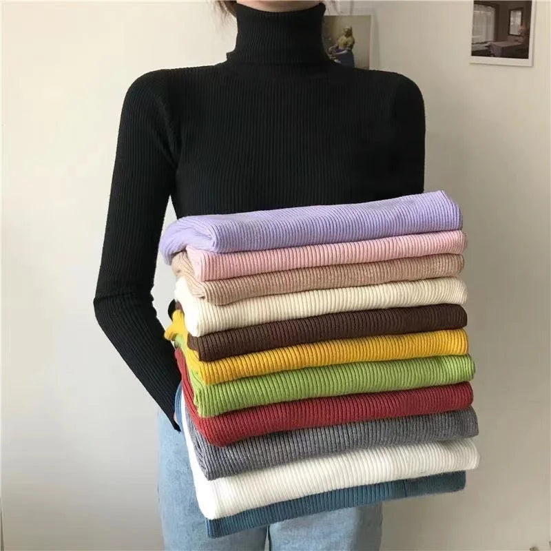 Women's Ribbed Roll Neck Long Sleeve Sweater Casual Knit Layer