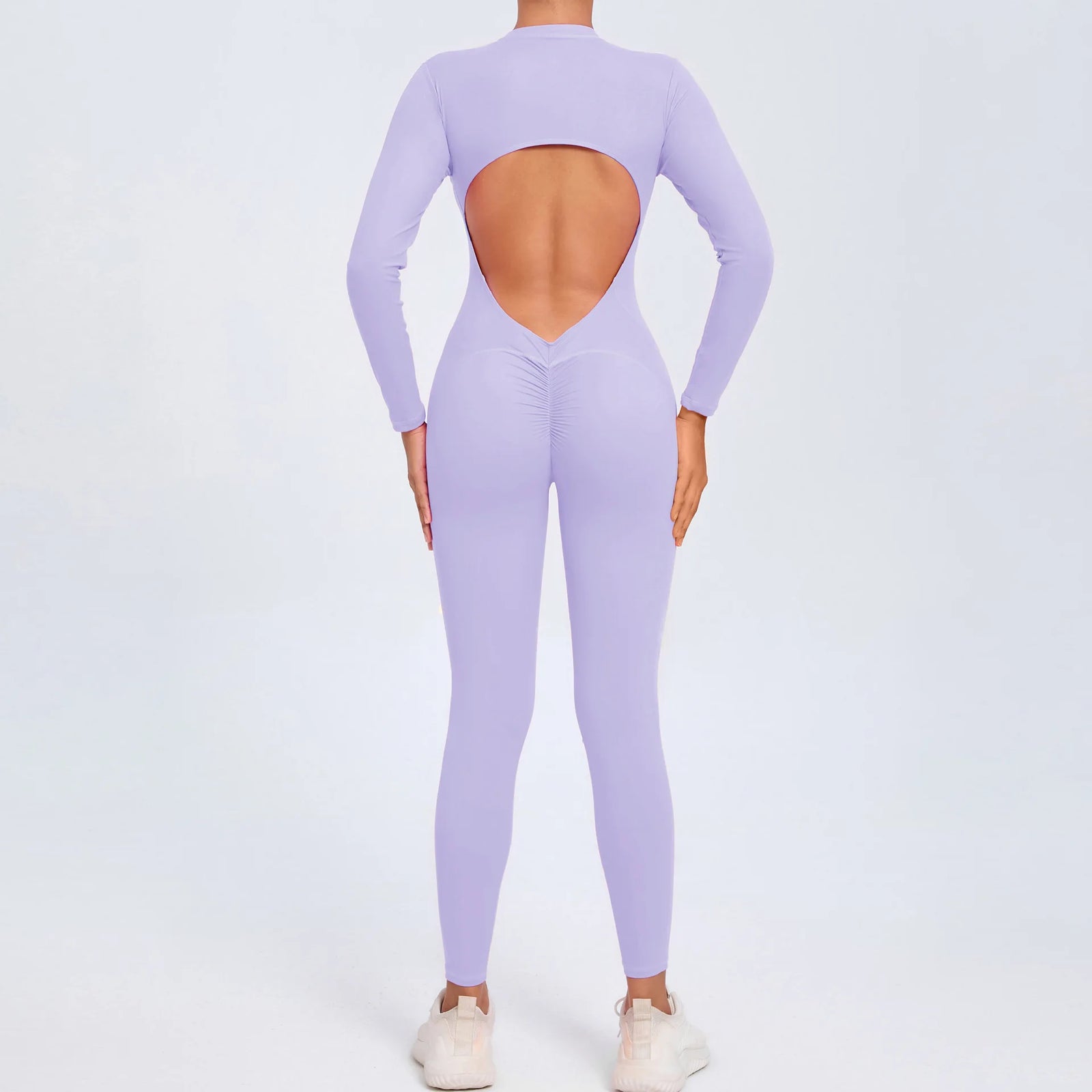 Women's Long Sleeve Nylon Blend Workout Jumpsuit with Oval Back Cutout