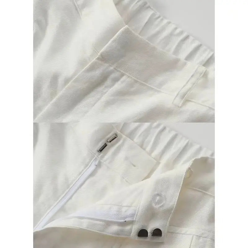 Women's Linen High-Waist Loose Wide-Leg Full-Length Pants with Pockets and Zipper Fly
