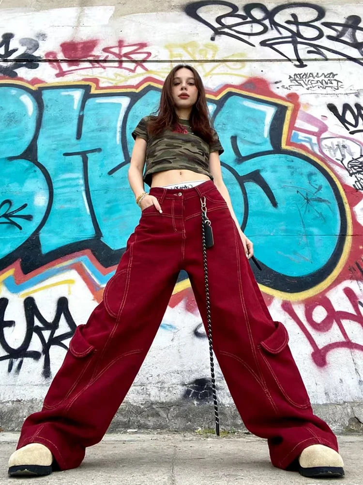 Women's Red Cargo Pocket Wide Leg Denim Jeans
