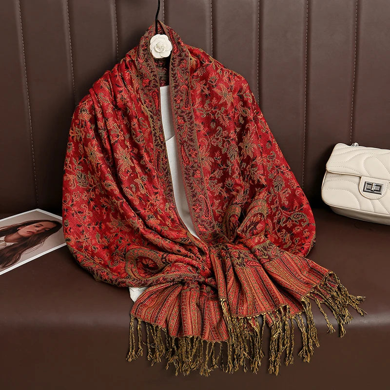 Paisley Floral Print Long Scarf with Fringed Ends