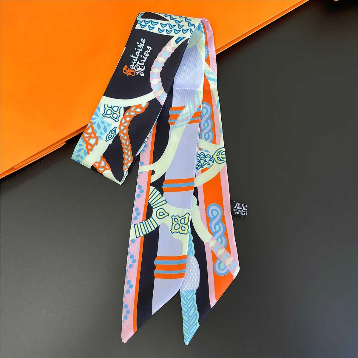 Colorful Printed Skinny Ribbon Scarf with Tie Ends
