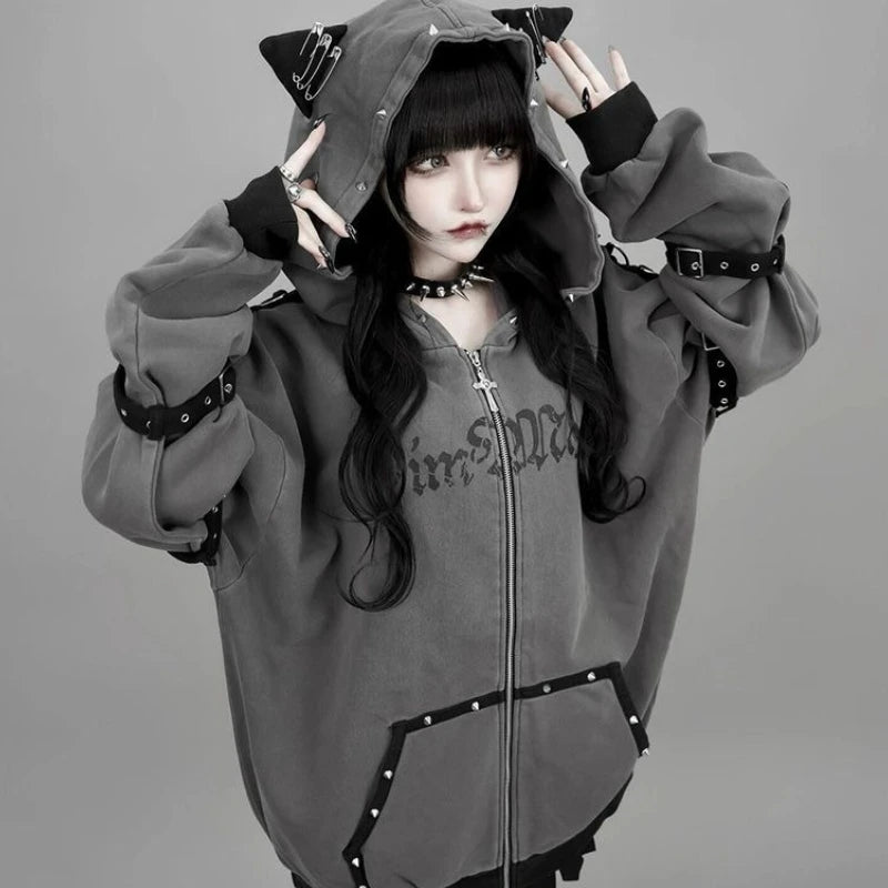 Gothic Graphic Long Sleeve Full Zip Casual Hoodie