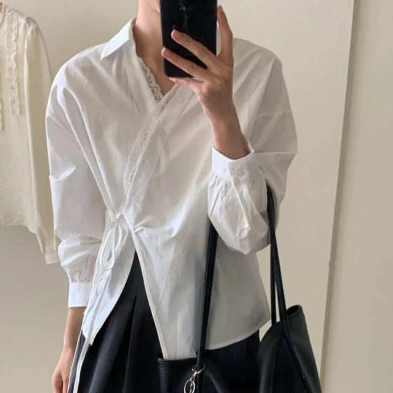 Women's Lace Trim Wrap Blouse with Waist Tie