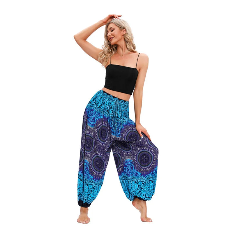 Women's Printed Rayon Harem Pants with Elastic Waist and Loose Gathered Legs
