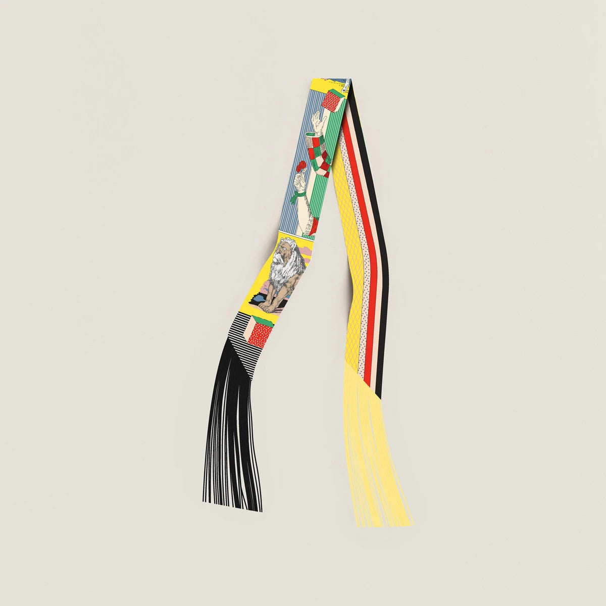 Printed Narrow Ribbon Scarf with Decorative Fringed Ends