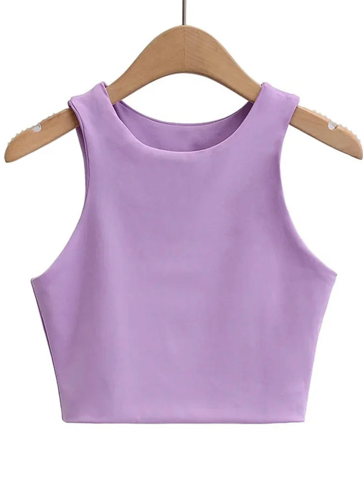 Women's Solid Round-Neck Sleeveless Stretch Crop Tank Top