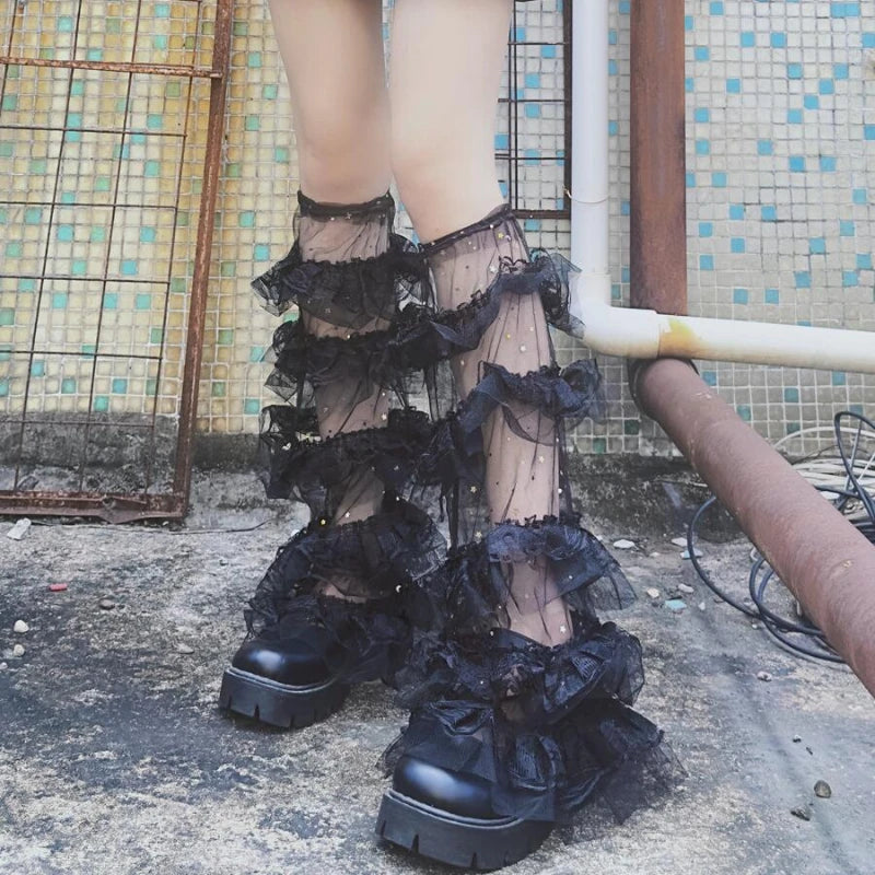 Black Layered Lace Leg Warmers with Ruffled Tier Design