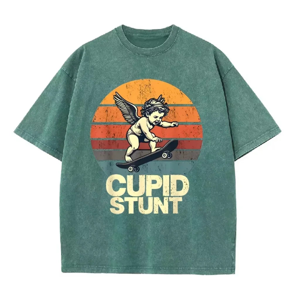 Retro Beige  Cupid Stunt  Skate Graphic Acid Wash Oversized Tee