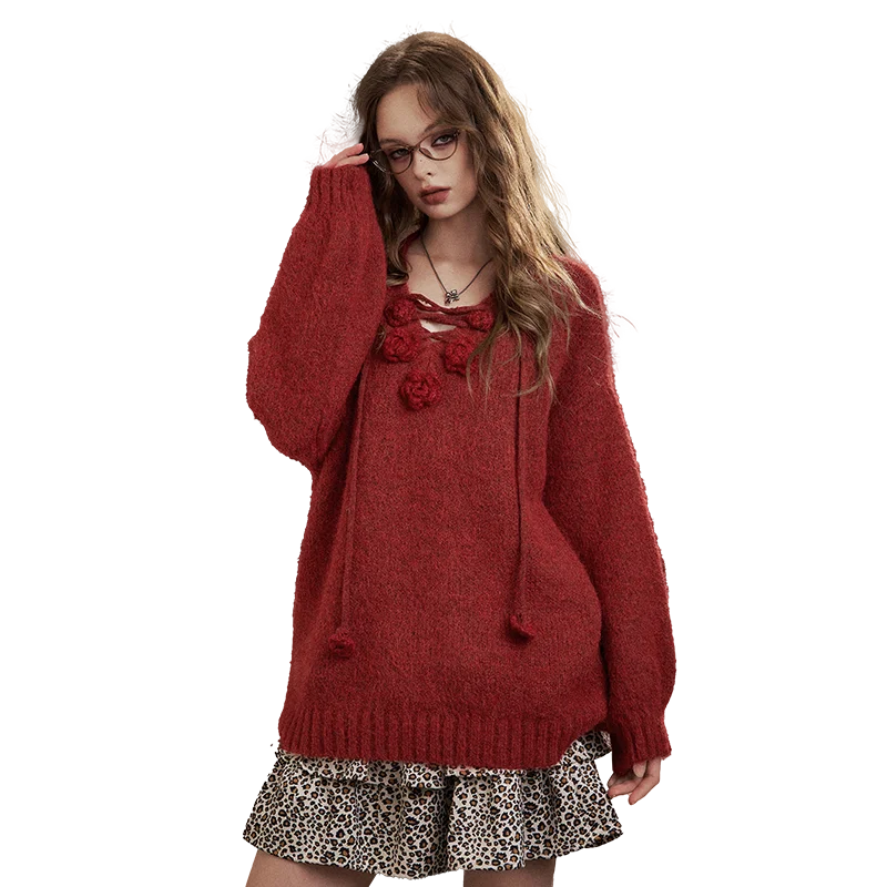 Women's Floral Applique V Neck Batwing Sweater Casual Knit Layer