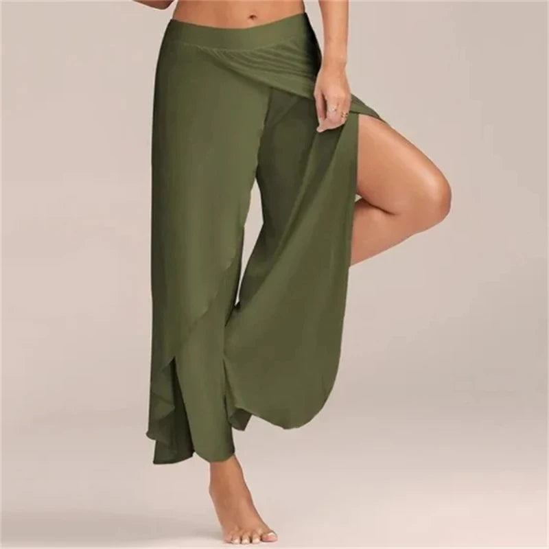 Women's Side Split Polyester Rayon Palazzo Pants with Flowing Wide Legs