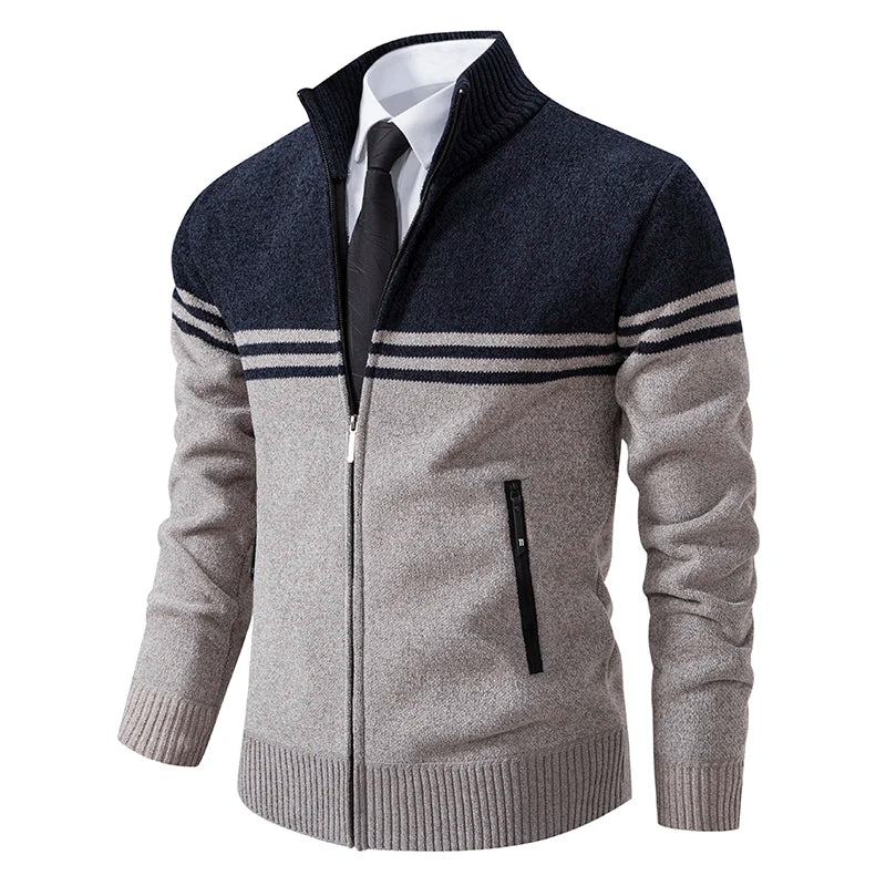 Men's Contrast Stripe Zip Front Knit Cardigan