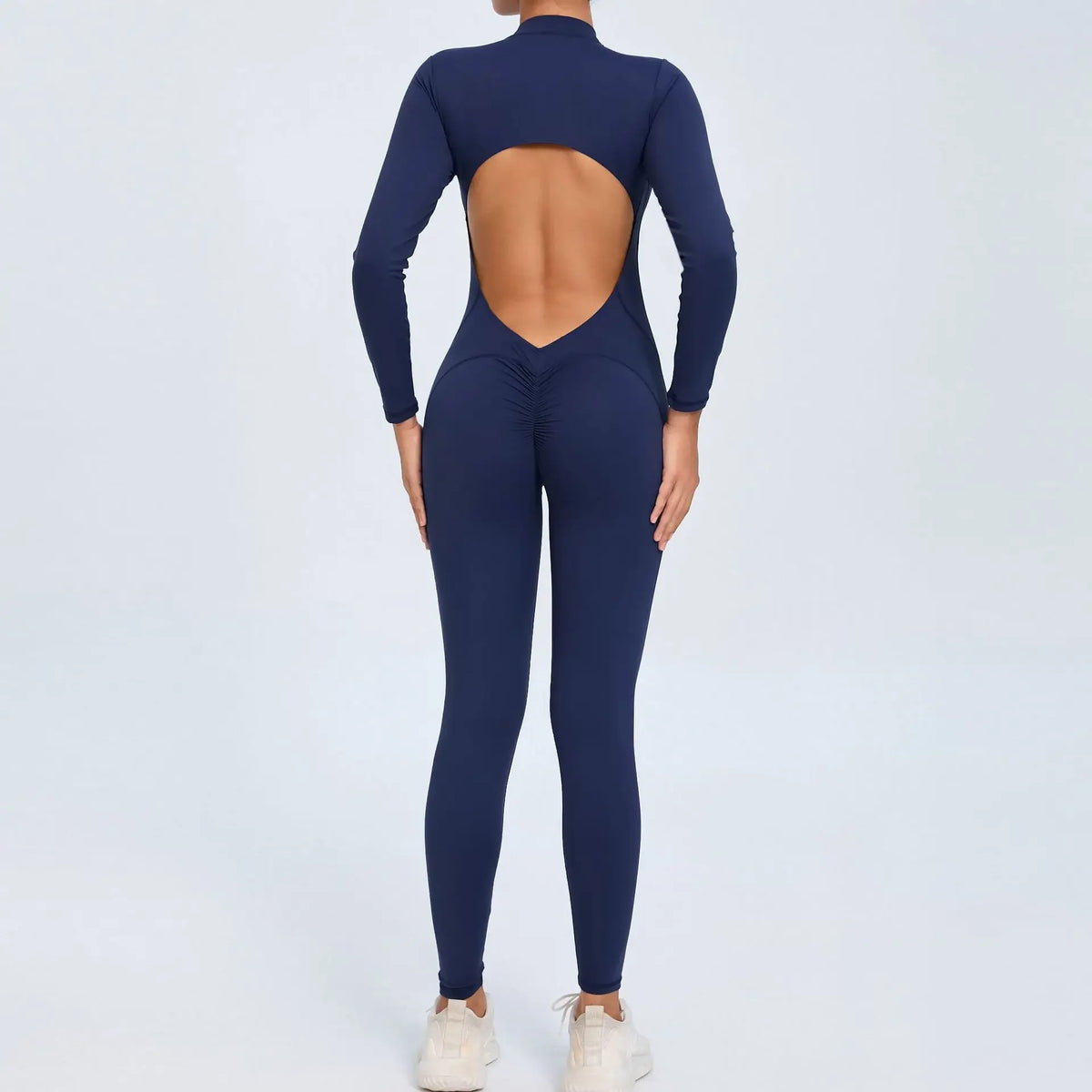 Women's Long Sleeve Nylon Blend Workout Jumpsuit with Zip and Back Cutout