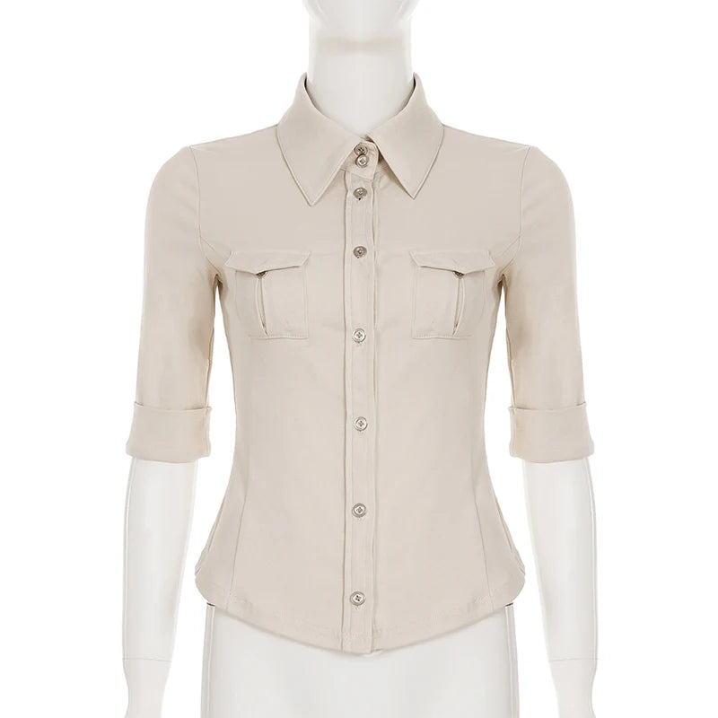 Women's Fitted Half Sleeve Double Pocket Shirt