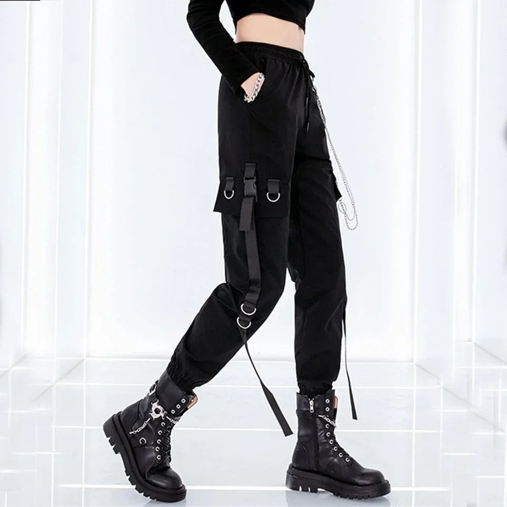 Women's Black Cargo Joggers with Chain and Plain Style Options