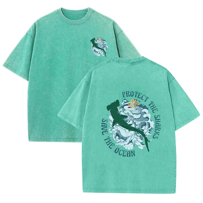 Distressed Vintage Washed Tee Double Print Shark Wave Protect Ocean Letter Loose Fit Short Sleeve T Shirts