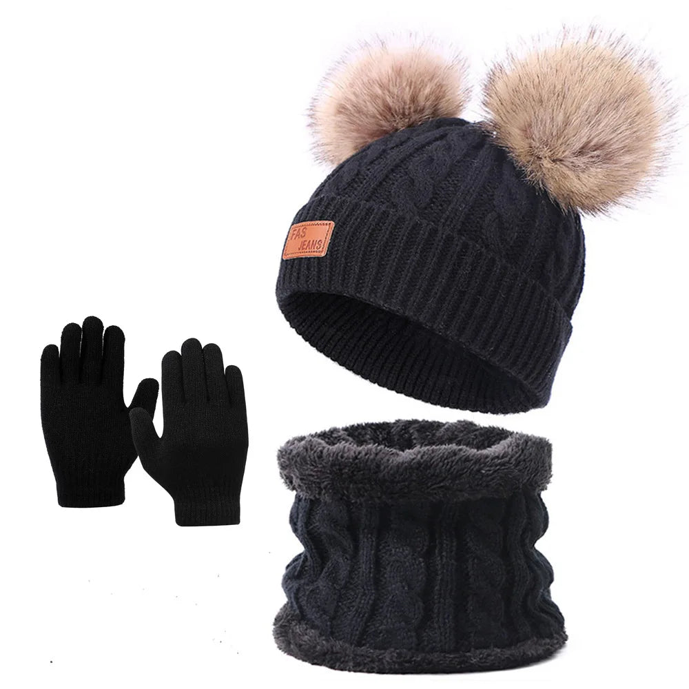 Children's Pom-Pom Knitted Beanie Hat Scarf and Gloves Winter Accessory Set