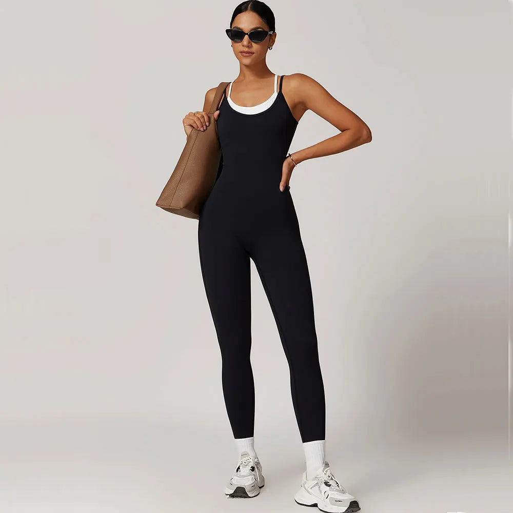 Women's Cross Back Nylon Blend Workout Jumpsuit with White Trim and Long Legs