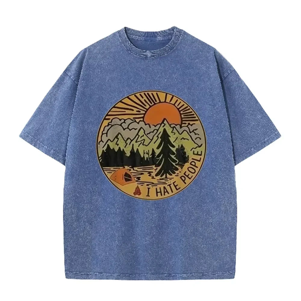 Vintage Camping I Hate People Print Washed Black Casual Outdoor T Shirt
