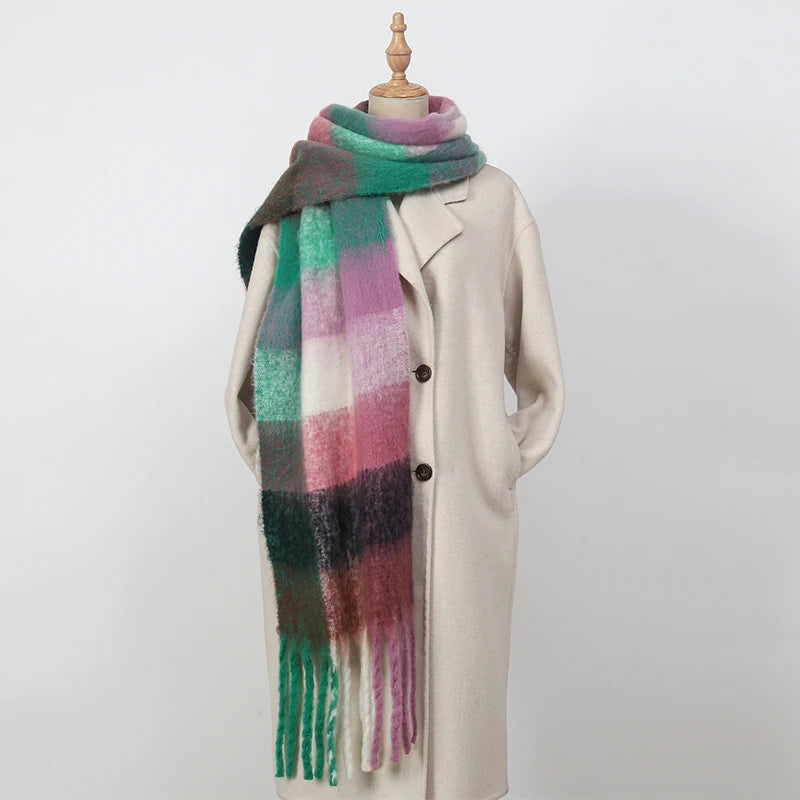 Multicolor Plaid Scarf with Long Shape and Fringed Ends