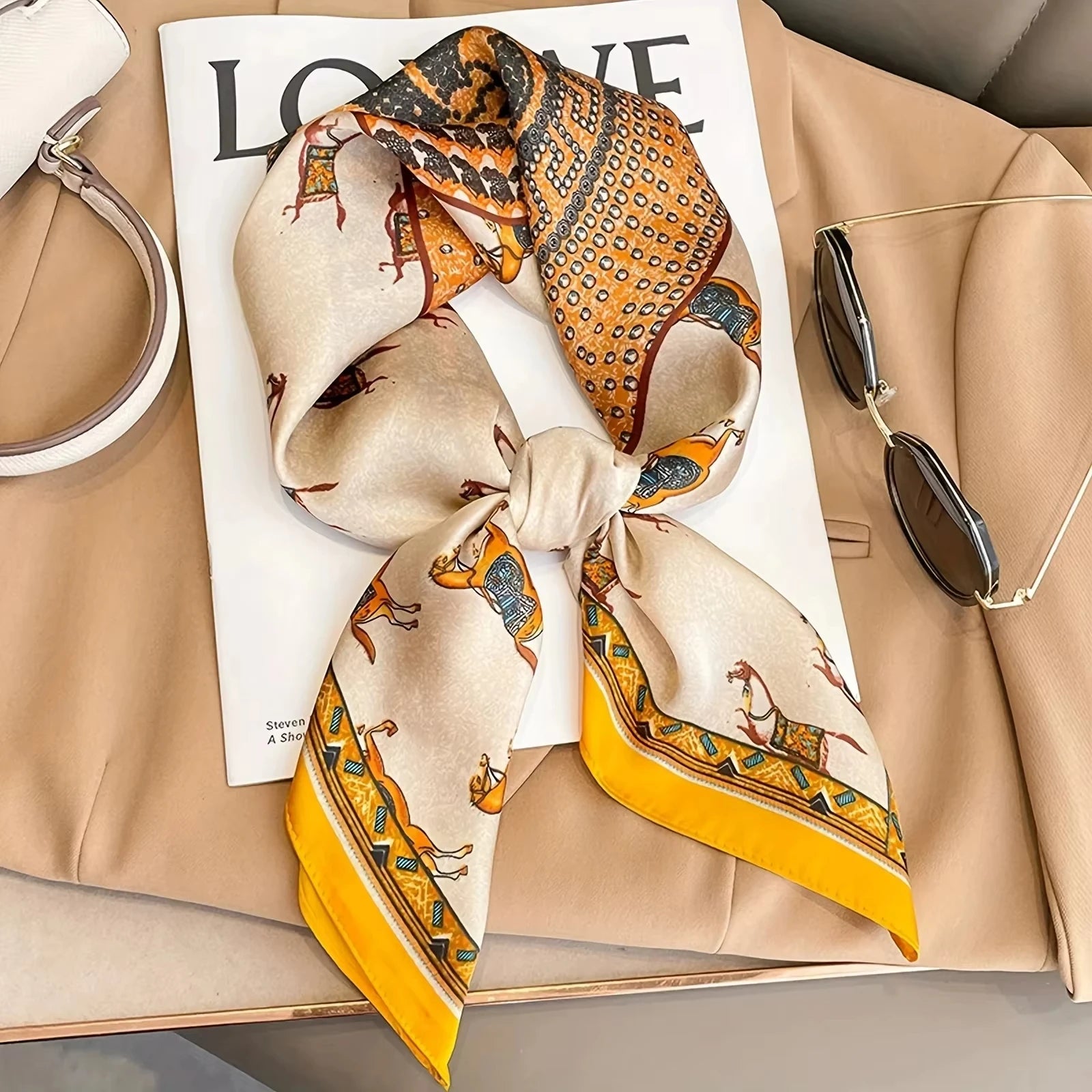 Horse Print Square Scarf with Decorative Patterned Border