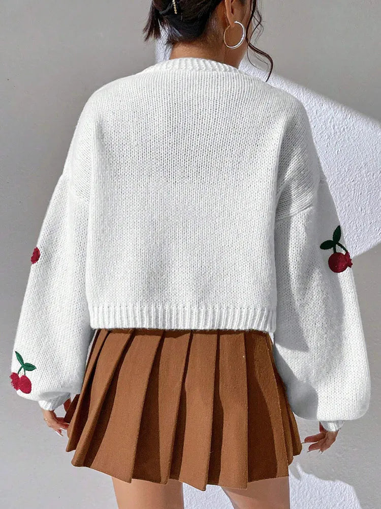 Cherry Embroidered Loose-Fit Knit Cardigan