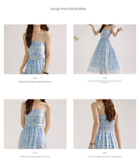 Sleepy Bunny Blue Print Suspender Skirt 2023 Summer New Dress High-Waisted Skirt Waist-Tight Slimming Expansion Skirt