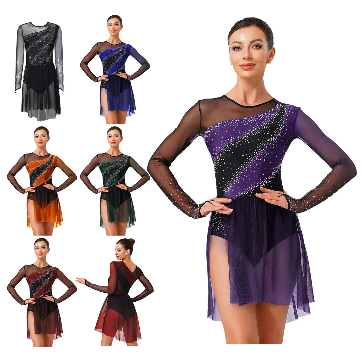 Women's Long Sleeve Mesh Dance Dress with Sequins and Asymmetric Panels