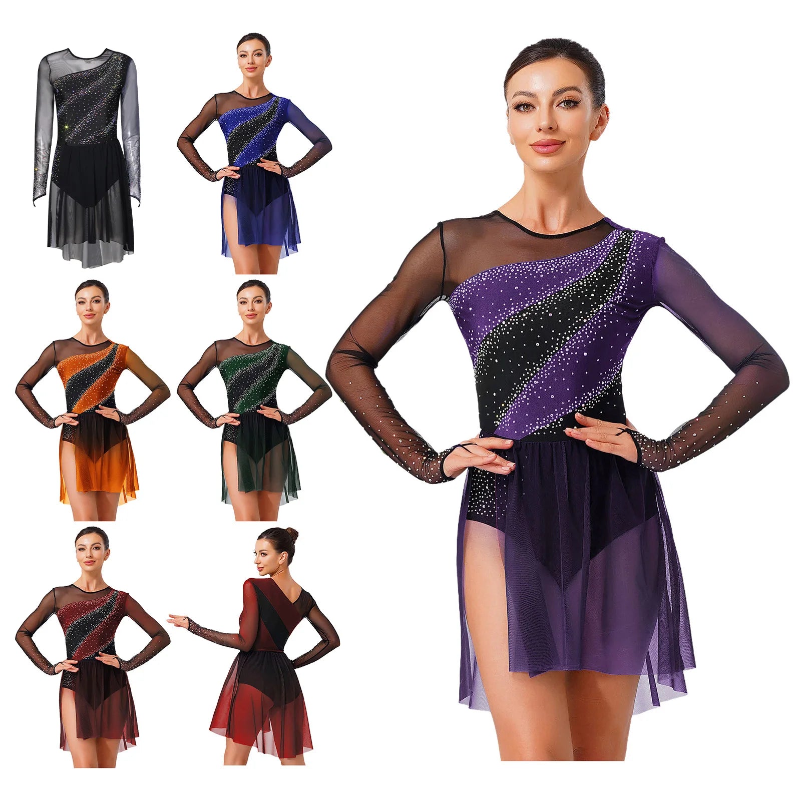 Women's Long Sleeve Mesh Dance Dress with Sequins and Asymmetric Panels