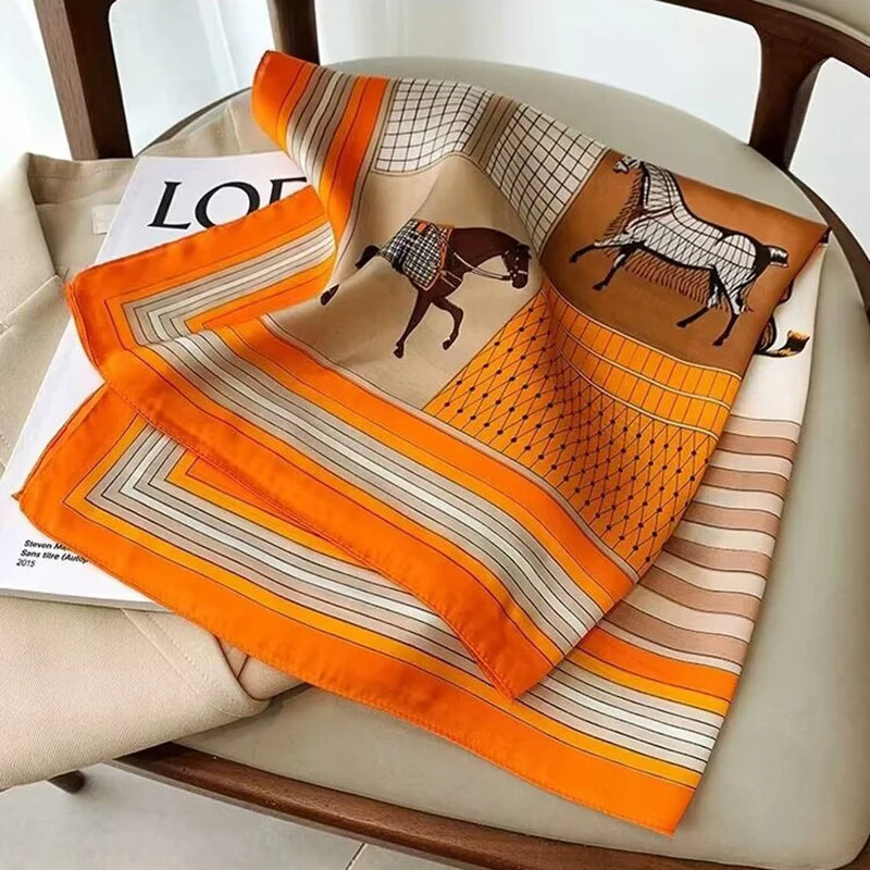 Horse Print Square Scarf with Decorative Patterned Border