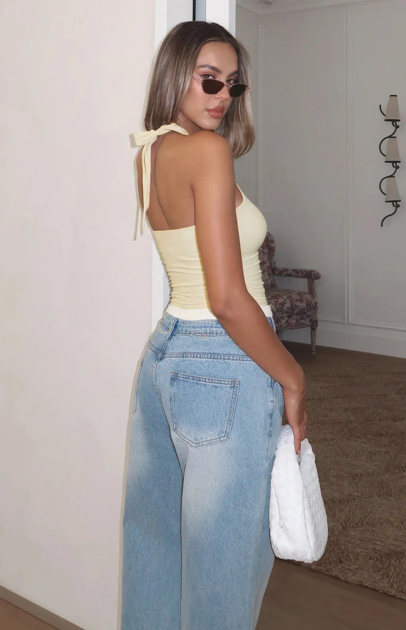 Women's Ring Keyhole Polyester Blend Halter Crop Top with Open Back