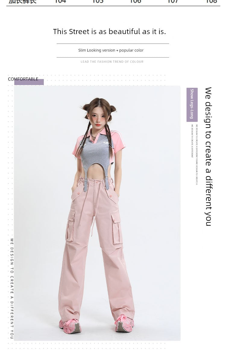 Qiyu Pink American High Waist Work Clothes Jeans for Women  Autumn New Short Straight Loose Trousers