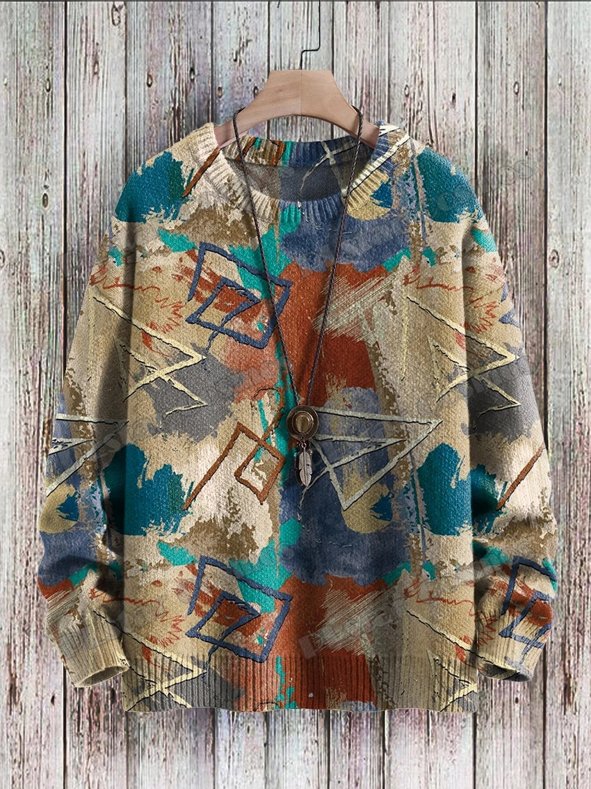 Men's Cat Print Crew Neck Long Sleeve Sweater