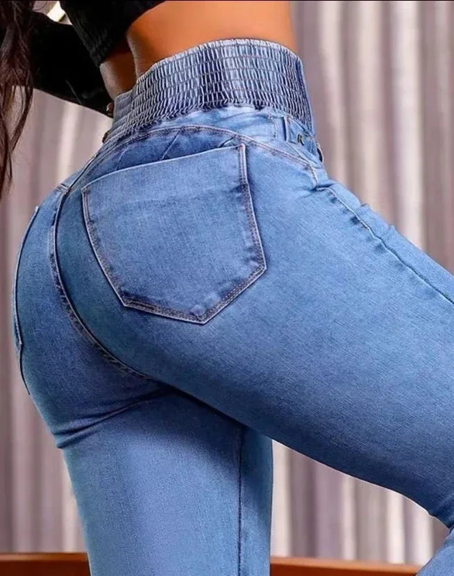Women's High Waist Multiple Button Skinny Denim Jeans