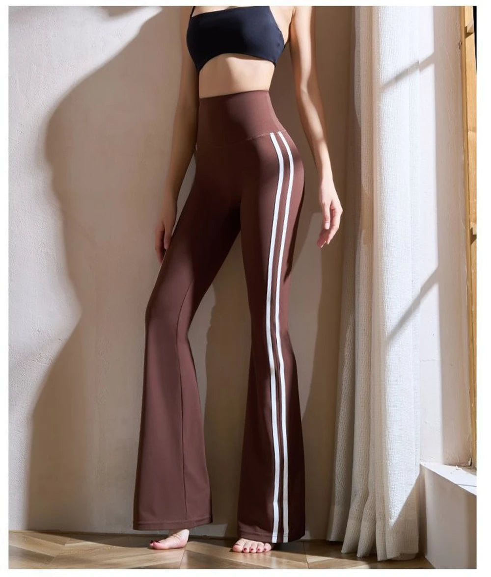 Women's High Waist Polyester Flared Workout Pants with Contrast Side Stripes
