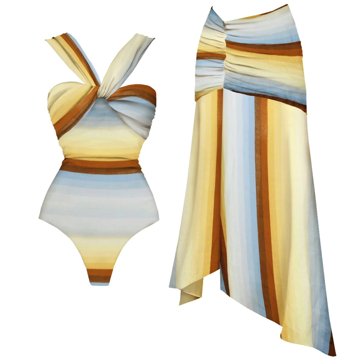 Striped Cutout One-Piece Swimsuit with Long Skirt